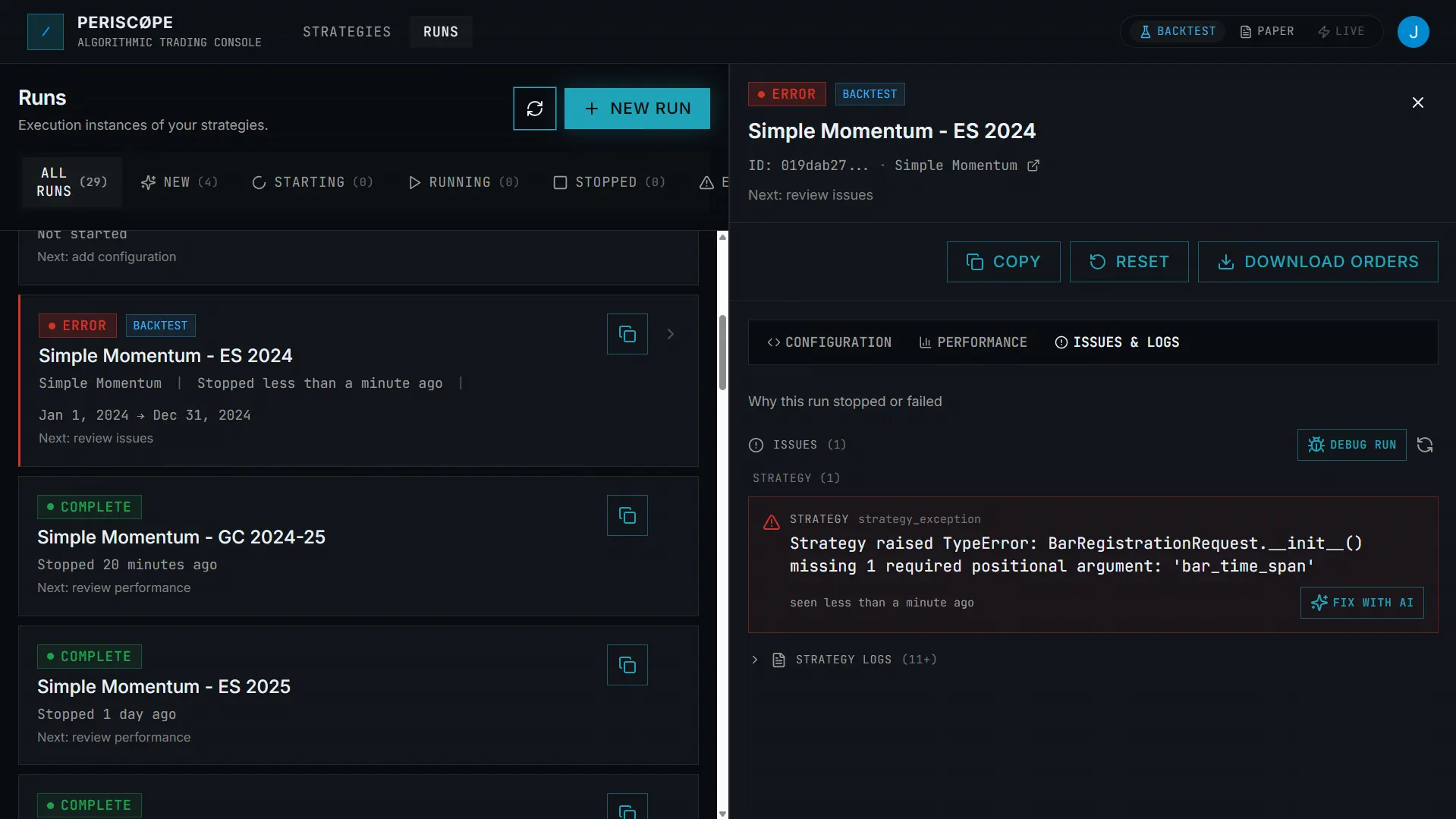 Live run diagnostics with issues, logs, and state