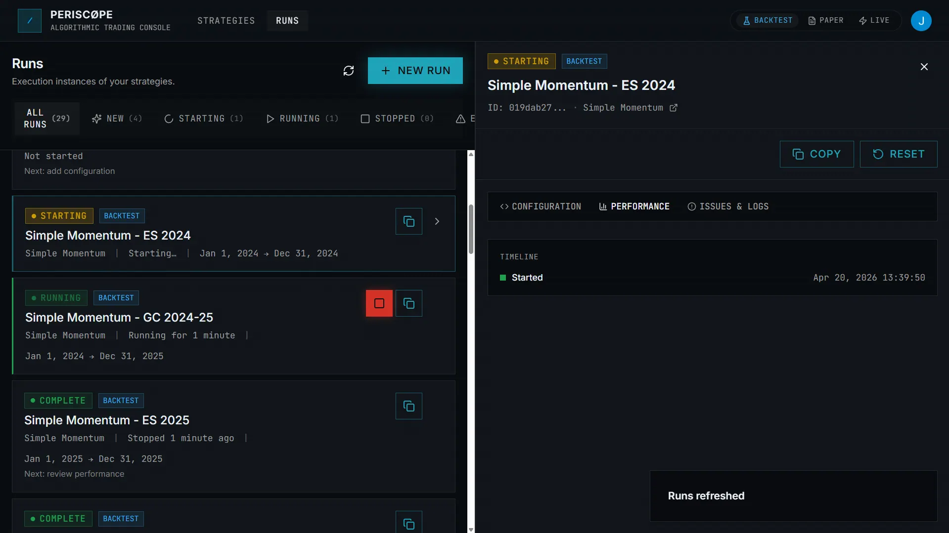 Execution mode selection: Backtest, Paper, Live